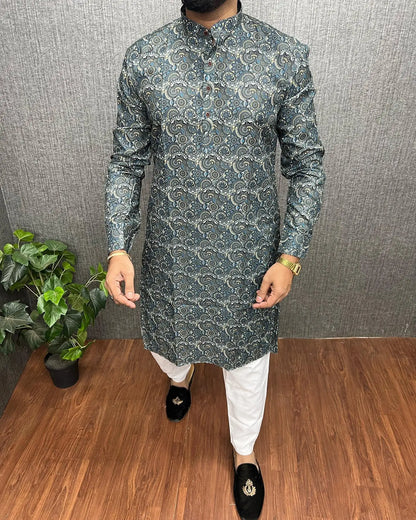 2026 Men Digital Printed Kurta Vardha Regular Fit Mandarin Collar Long Suitable All Occasions Such Wedding Hari Raya Aidilfitri