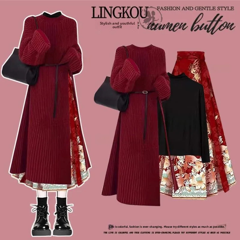 plus Size Cisas Theme Long Knitted Sweater And Skirt Set for Women Red Slimming Outfit V-Ne Long Sve Faion Set