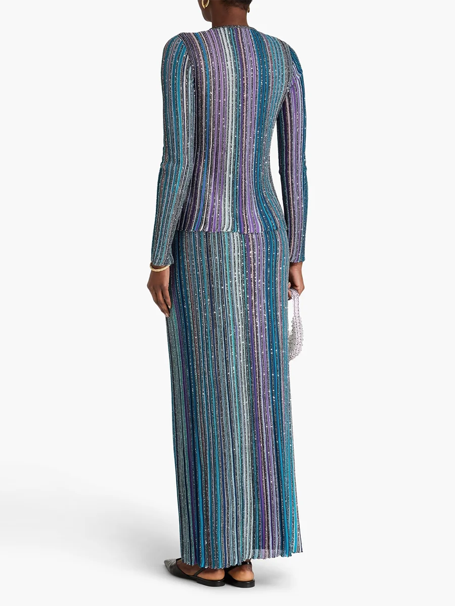 VGH Elegant Stylish Striped Knit Two Piece Set for Women Slimming Long Sleeve Pullovers Pleated Skirt Outfit for Cocktail Events