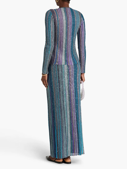 VGH Elegant Stylish Striped Knit Two Piece Set for Women Slimming Long Sleeve Pullovers Pleated Skirt Outfit for Cocktail Events
