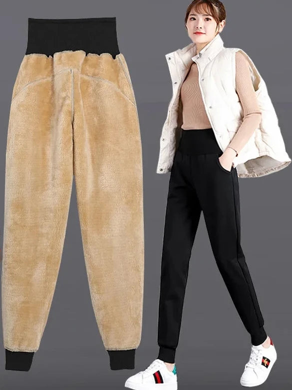 plus Size Fleece Lined Thickened Lamb Velvet Casual Slim Fit Pants Winter New Loose Warm Slimming Straight Leg Sweatpants