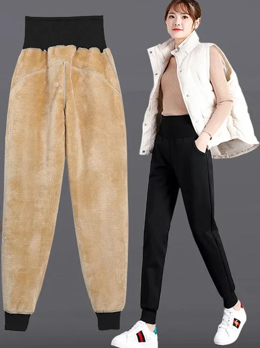 plus Size Fleece Lined Thickened Lamb Velvet Casual Slim Fit Pants Winter New Loose Warm Slimming Straight Leg Sweatpants