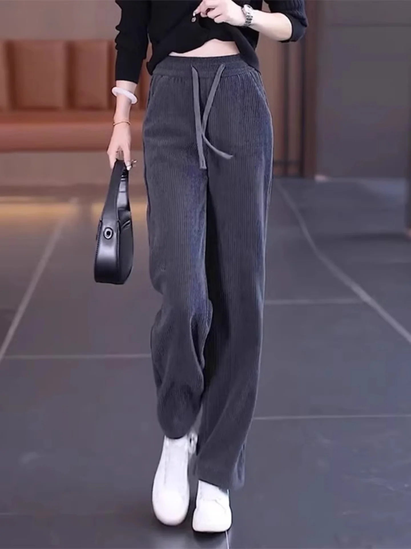 Thickened Fleece Wide Leg Pants Women's Casual Straight Cut Trousers Autumn Winter New Style High Waist Cotton Elastic Waist