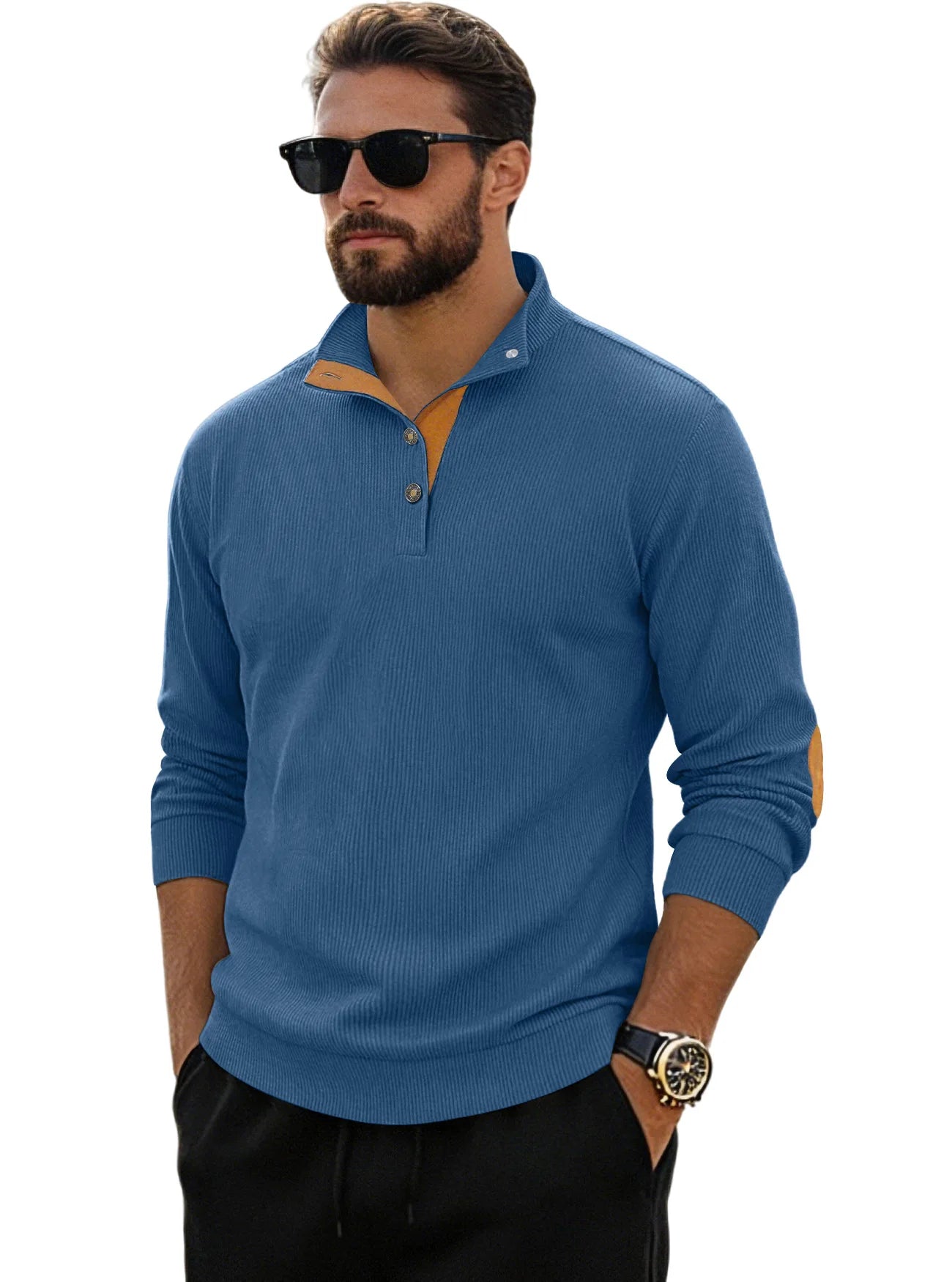 Men‘s Corduroy Button Up Pullover Stand Collar Contrast Elbow Patch Casual Top 2026