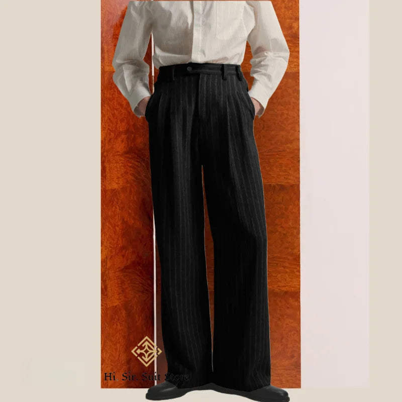 Men's High-Street Vintage Striped Pants Drapey Silhouette Melange Old Money Style Elegant Casual Trousers for Gentlemen Fashion