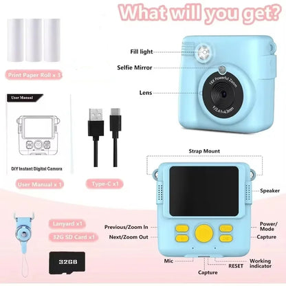 1080P HD Video Camera Portable Instant Print Camera for Kids with 3 Rolls Photo Paper and 32GB Card Perfect Toy Toddlers