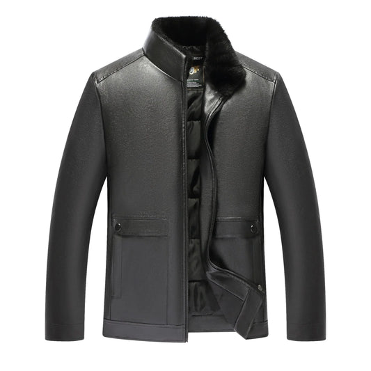 Men's Winter Thickened Stand-Collar Light Business Pu Leather Jacket