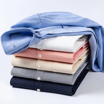 Men's 100% Pure Cotton Oxford Solid Long Sleeve Shirts Business Social Formal Shirts Male Single Pocket Designer Classic Clothes