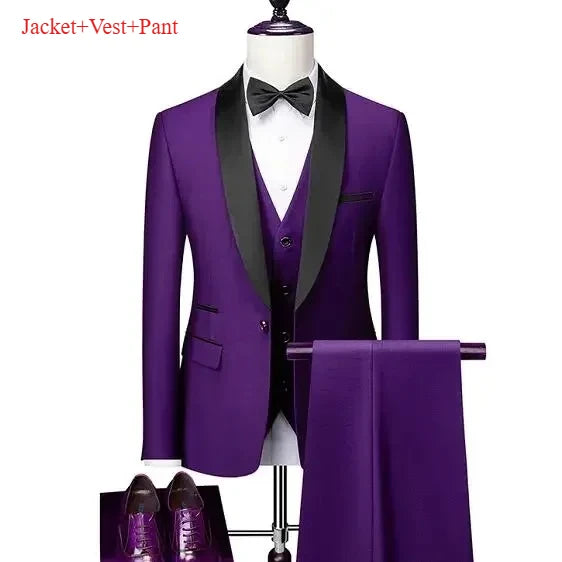 Men's Lapel Black Suit Set Coat Vest Trousers / Business Groomsmen Groom Wedding Dress Fprmal Blazer Pants