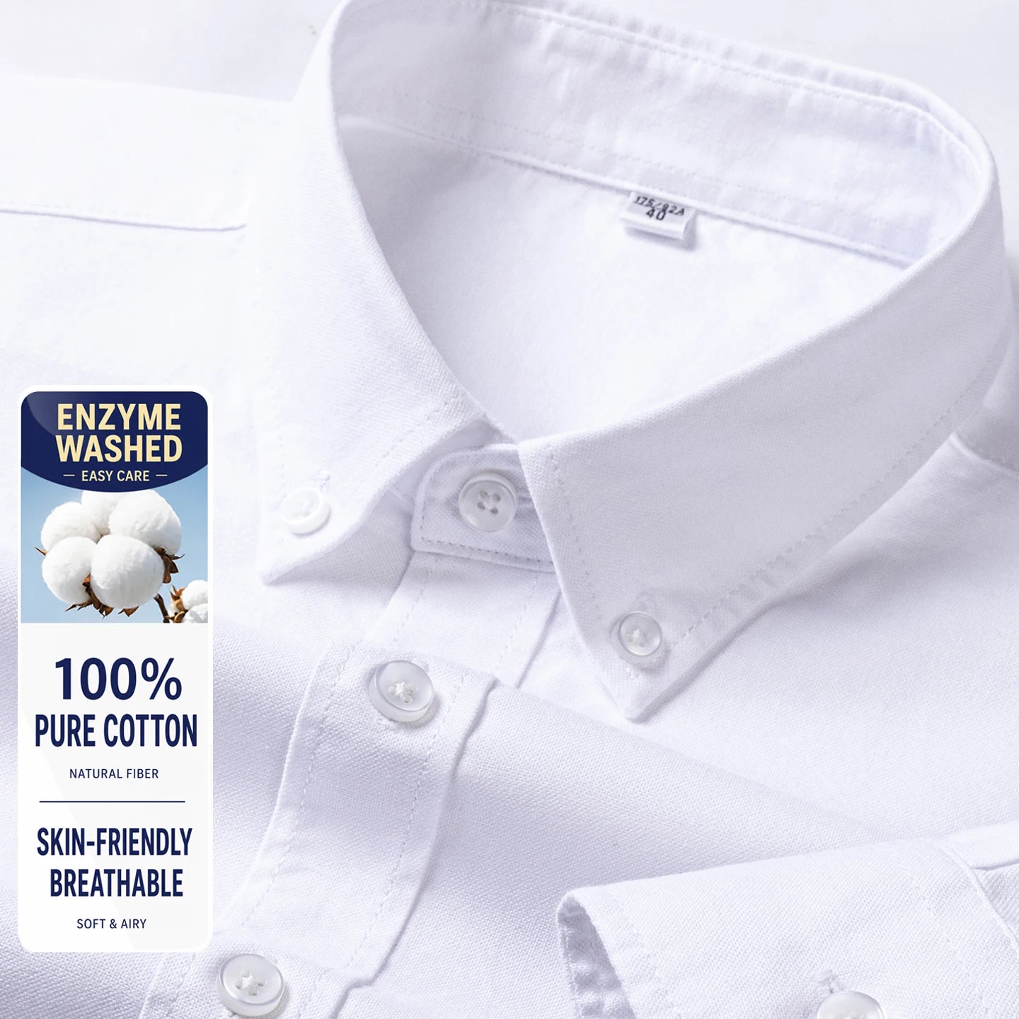 Men Cotton Oxford Shirt Long Sleeve Button Down Casual Business Shirt Pre-Shrunk Enzyme Washed Breathable Wrinkle Resistant