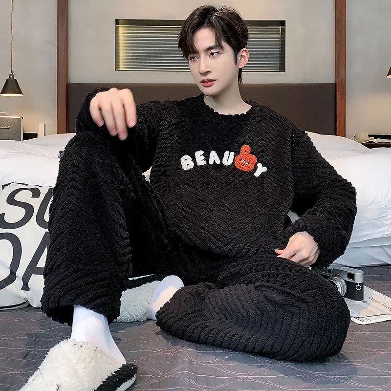 Thickened Warm Sleepwear for Winter Coral Velvet Autumn and Winter Men Flannel Loungewear Large Size 2 Piece Set Homewear