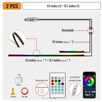 43" Car Ambient LED Lights - 64-Color RGB Interior Lighting Kit with Hidden Acrylic Strip for Symphony Atmosphere