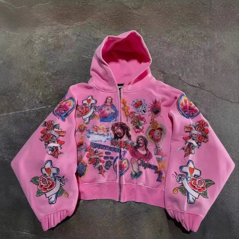 Cartoon Print Hooded Zipper Sweatshirt Loose Fit Comfortable Long Sleeve Women's Casual Streetwear Fashion Sweatshirt