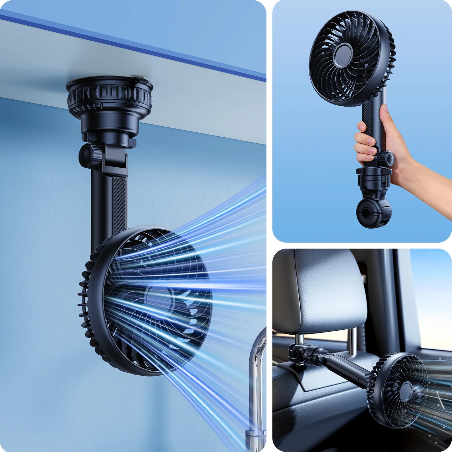 Hipacool 5000mAh Car Sun Shade & Headrest Fan Suction Cup & Headrest Clamp Usage Modes Fully Adjustable Fans for Car Home Office