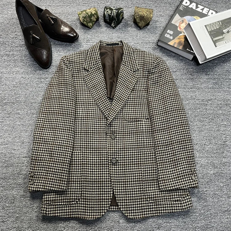 Vintage Unisex Woolen Suit Jacket Simple Casual Plaid Retro Style Warm Windproof Interview Commuting Business Casual Wear