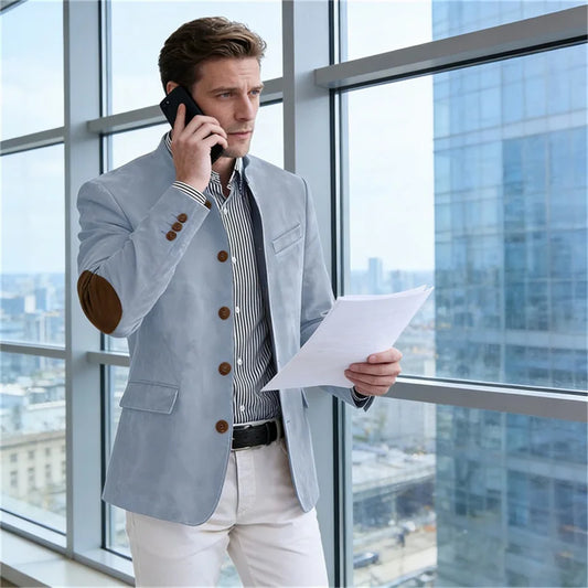 Men's Casual Blazer Flannel Suit Jacket With Elbow Patches Band Collar Brown Button Daily  Casual Slim Fit Customized Business