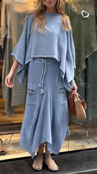 2024 Autumn Fashion New Women's Cotton and Linen Loose Skirt Two-piece Set Solid Color Irregular Top Waist Pocket Skirt Set