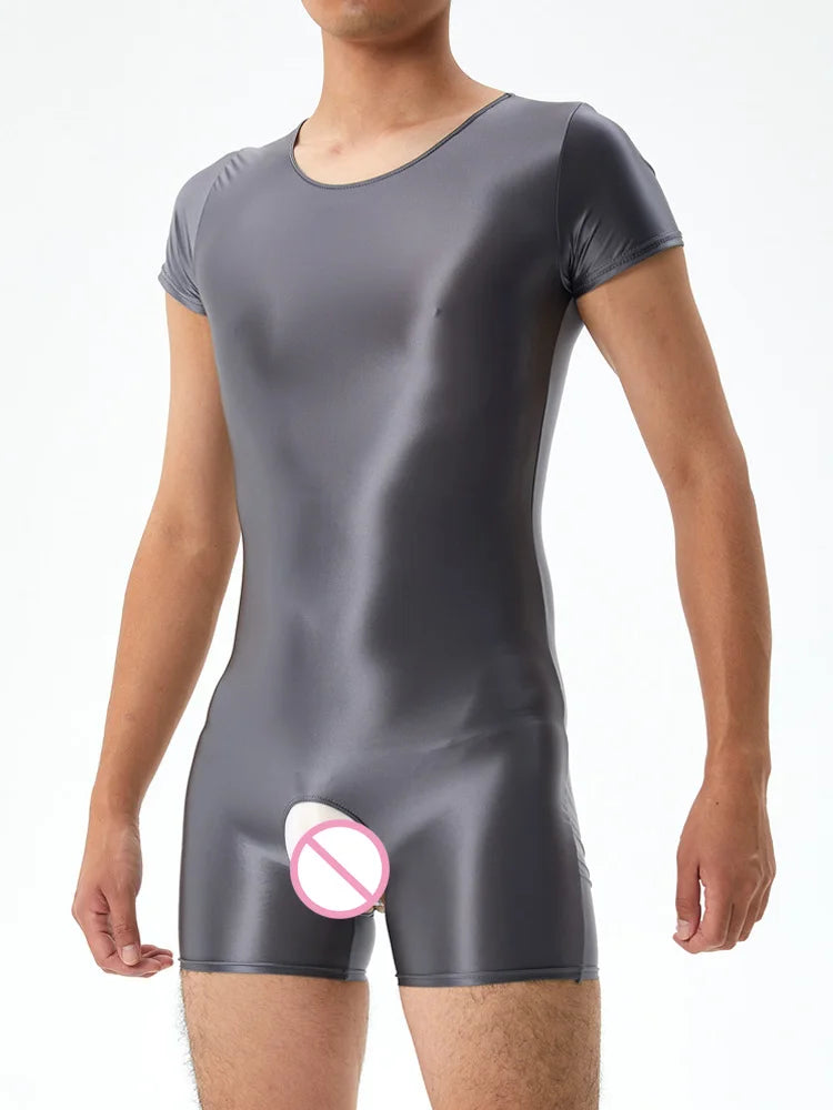 Men's Crotchless Bodysuit Stain Oil Shiny Tights Sheer See Through Yoga Shaping Leotard Elastic Sexy Exotic Tops Candy Color