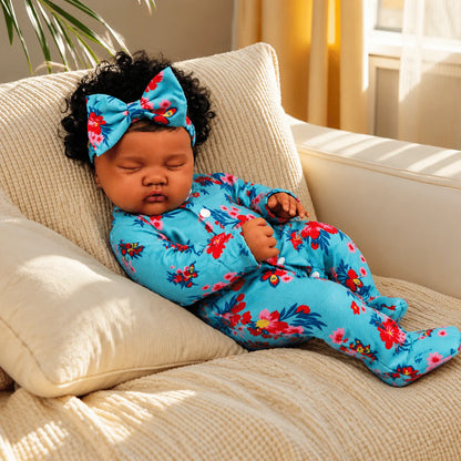 BZDOLL 48CM Lifelike Asleep Reborn Baby Doll Toy with Black Brown Skin Vinyl Limbs Cloth Body Handmade Birthday Gift for Kids