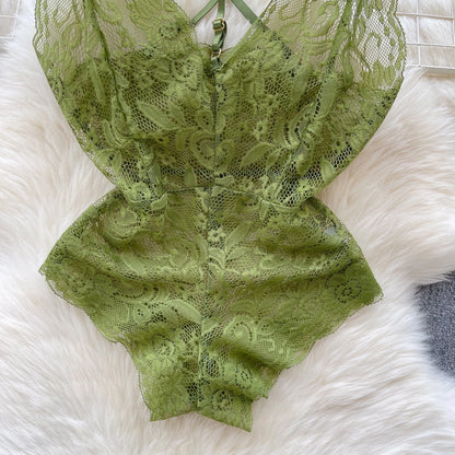 Sexy Lace Strap Jumpsuit Slim Fit Transparent Women's Pajamas Halter Playsuit Erotic Lingerie Catsuit Backless Hollowed Bodysuit