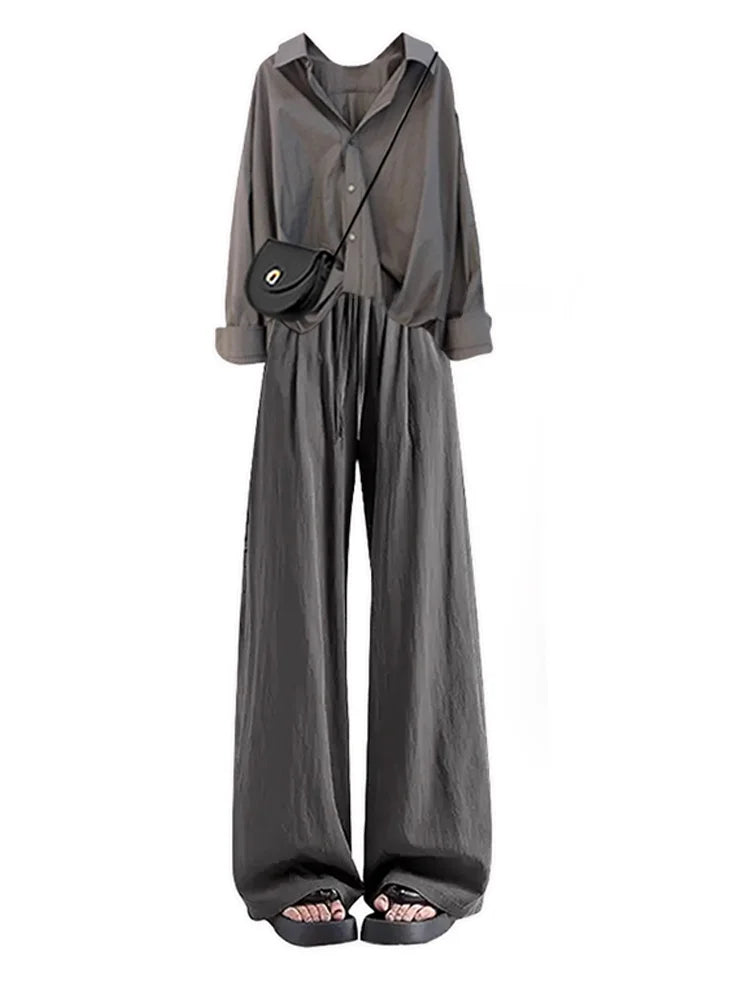 Summer Vintage plus Size Set Women's Fashion Asymmetrical Long Sleeve Thin Shirt Versatile Slimming Casual Pants Two Piece Set