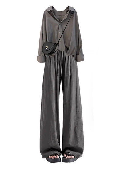 Summer Vintage plus Size Set Women's Fashion Asymmetrical Long Sleeve Thin Shirt Versatile Slimming Casual Pants Two Piece Set