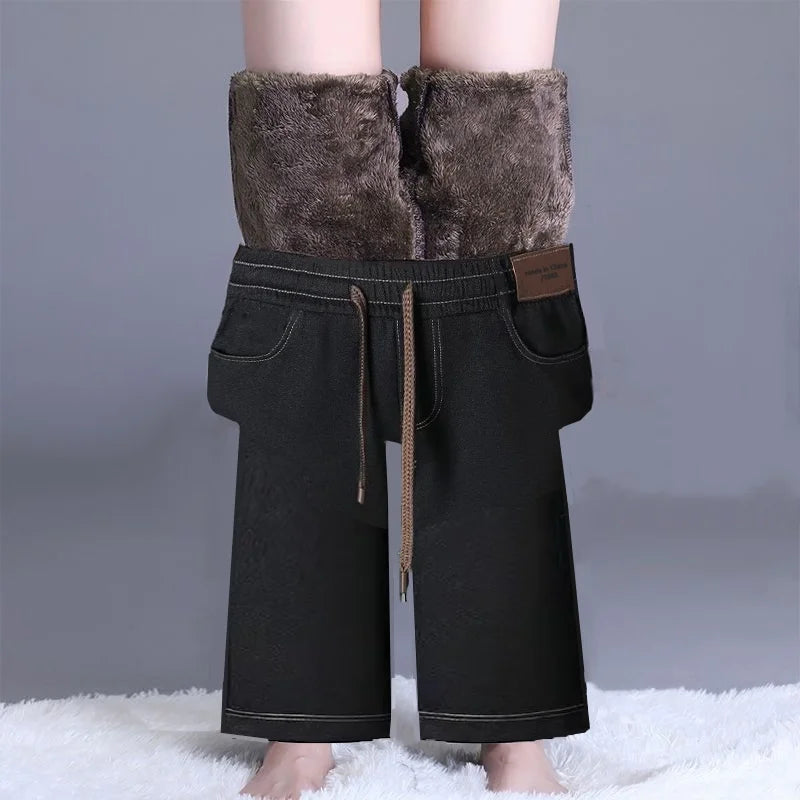 High Waist Thickened Fleece Lined Wide Leg Jeans Women's Casual Straight Cut Trousers Autumn Winter New Style Slimming Effect