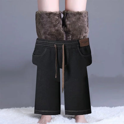High Waist Thickened Fleece Lined Wide Leg Jeans Women's Casual Straight Cut Trousers Autumn Winter New Style Slimming Effect