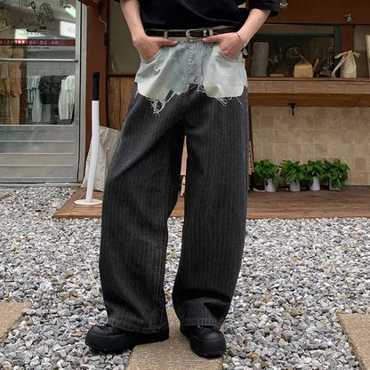 AC-style loose straight-leg jeans with patchwork, 3D printed fake two-piece jeans for men