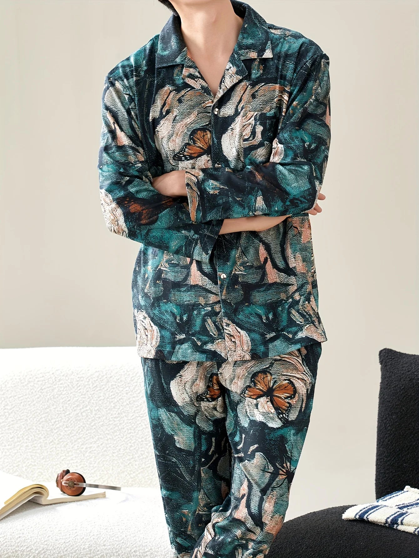 Two piece sets men's pajamas autumn and winter long sleeved pants with lotus leaf pattern sleepwear set