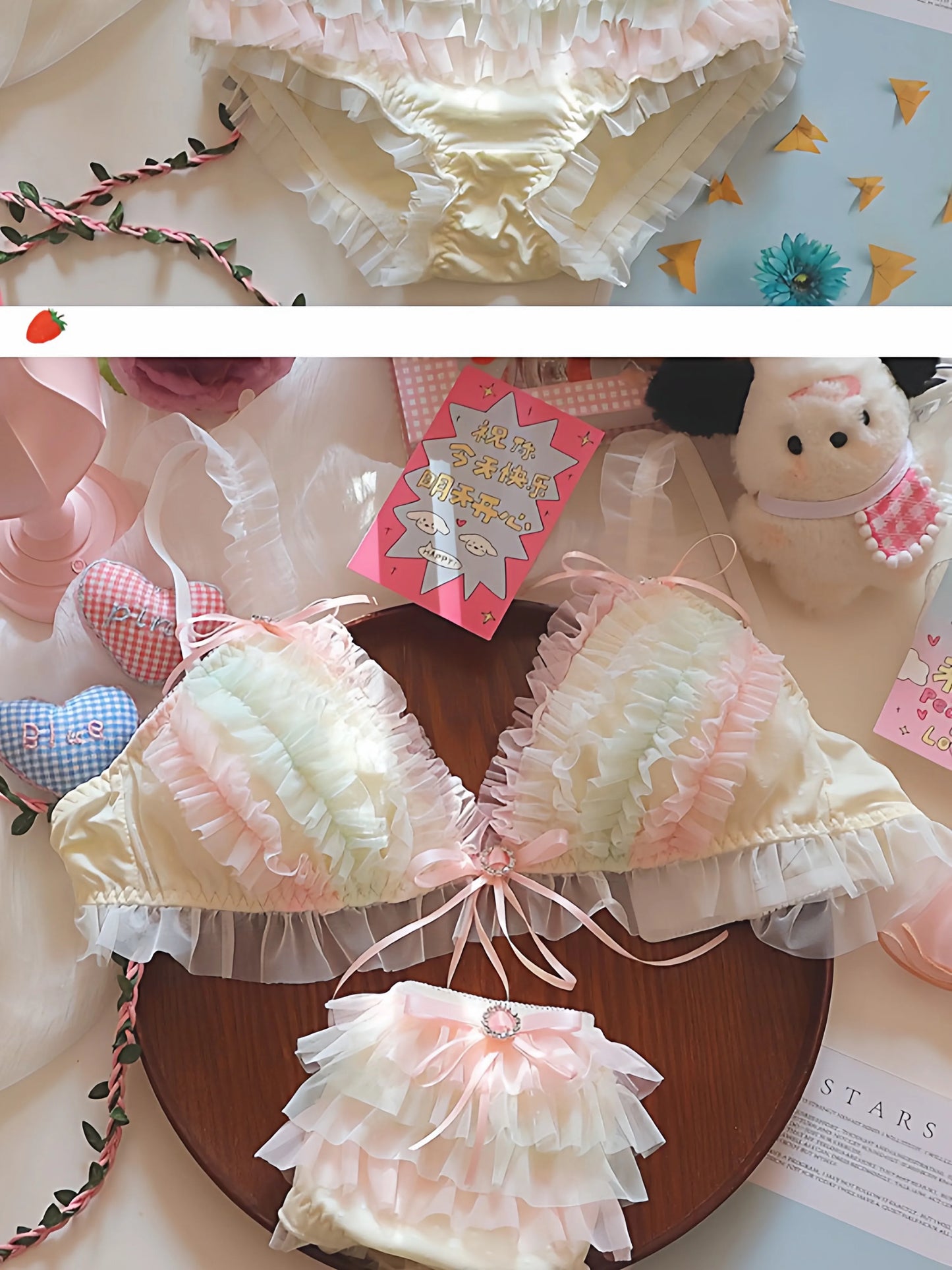 Japan Style Cream Ice Cream Bra Set Wireless Lace Trim Sweet Teen Girl Heart Cake Layer Soft Sexy Daily Lingerie Hot New Trend