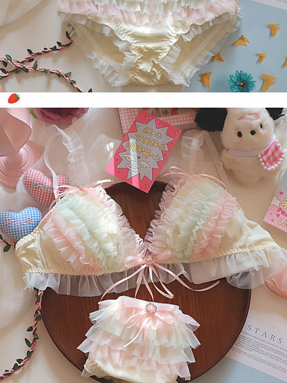 Japan Style Cream Ice Cream Bra Set Wireless Lace Trim Sweet Teen Girl Heart Cake Layer Soft Sexy Daily Lingerie Hot New Trend