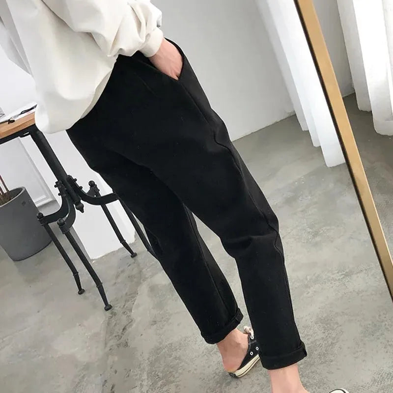 New Simple Warm Pants Women Casual Elastic Waist Pant Autumn Winter Thicken OL Wool Female Pants Loose Lady Trousers Capris