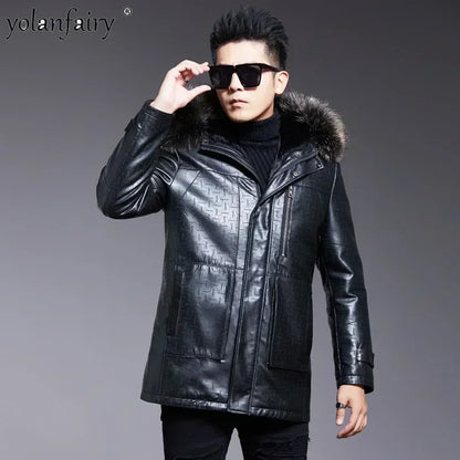 Sheepskin Jacket Men Real Fur Parkas 2023 Winter Kid Lamb Coats Men's Raccoon Fur Hooded Natural Leather and  Fur Jackets FC