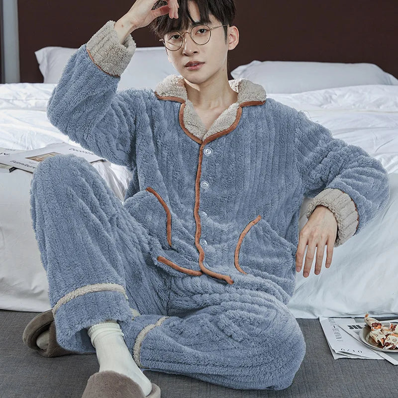Can Wear Pajamas Men Autumn Winter Flannel Thick Stand Collar Zipper Coral Velvet Pajamas Pajama Pants  Set Men's Home Wear