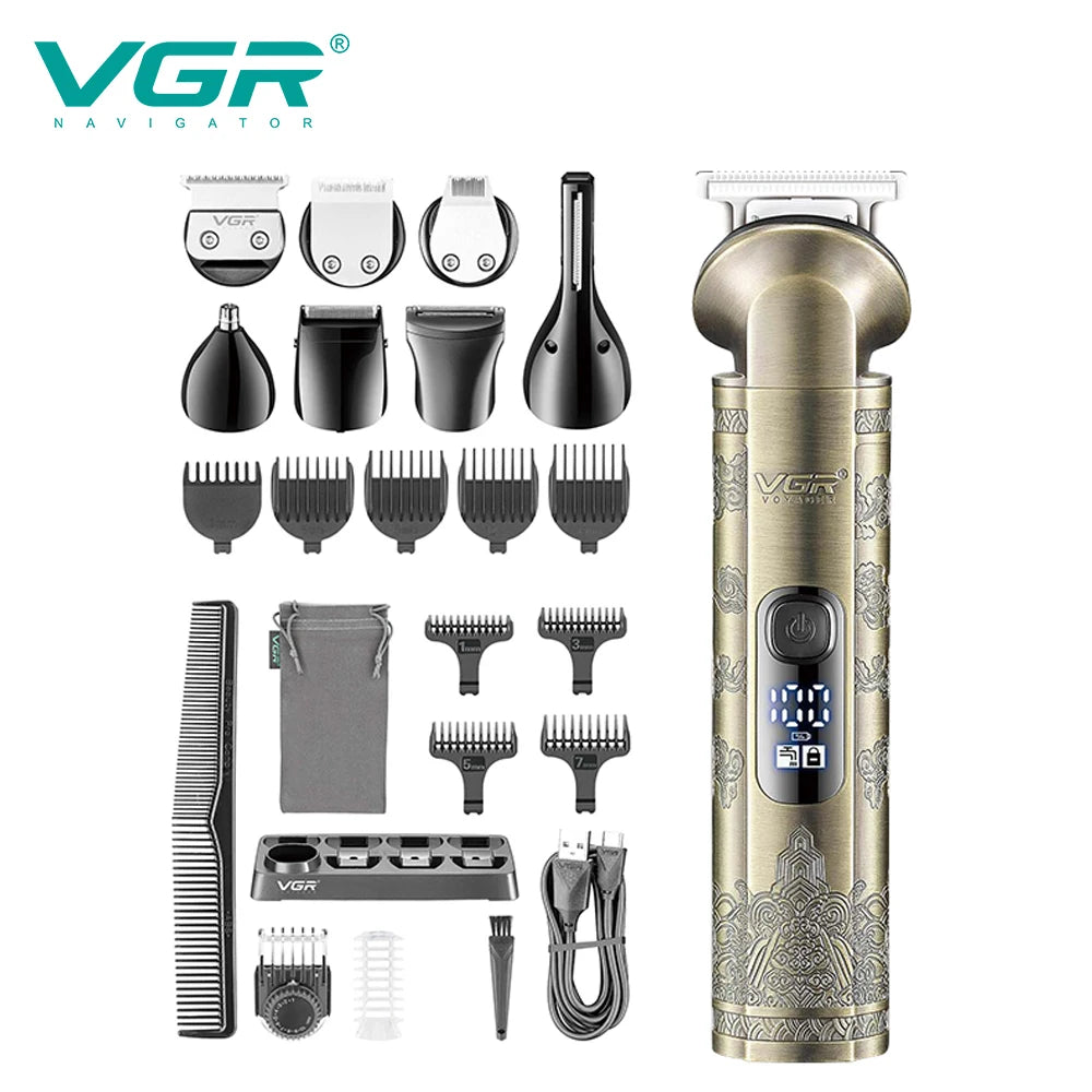 VGR professional high-end hair trimmer set, retro metal electric push shear, home LED intelligent digital hair clipper, shaver