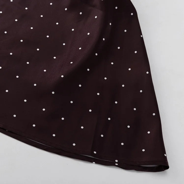 Two Piece Skirt Set Printed Polka Dot Satin Skirt Set Women's Long Sleeved Lace Up Shirt+high WAIST Midi Skirt Set