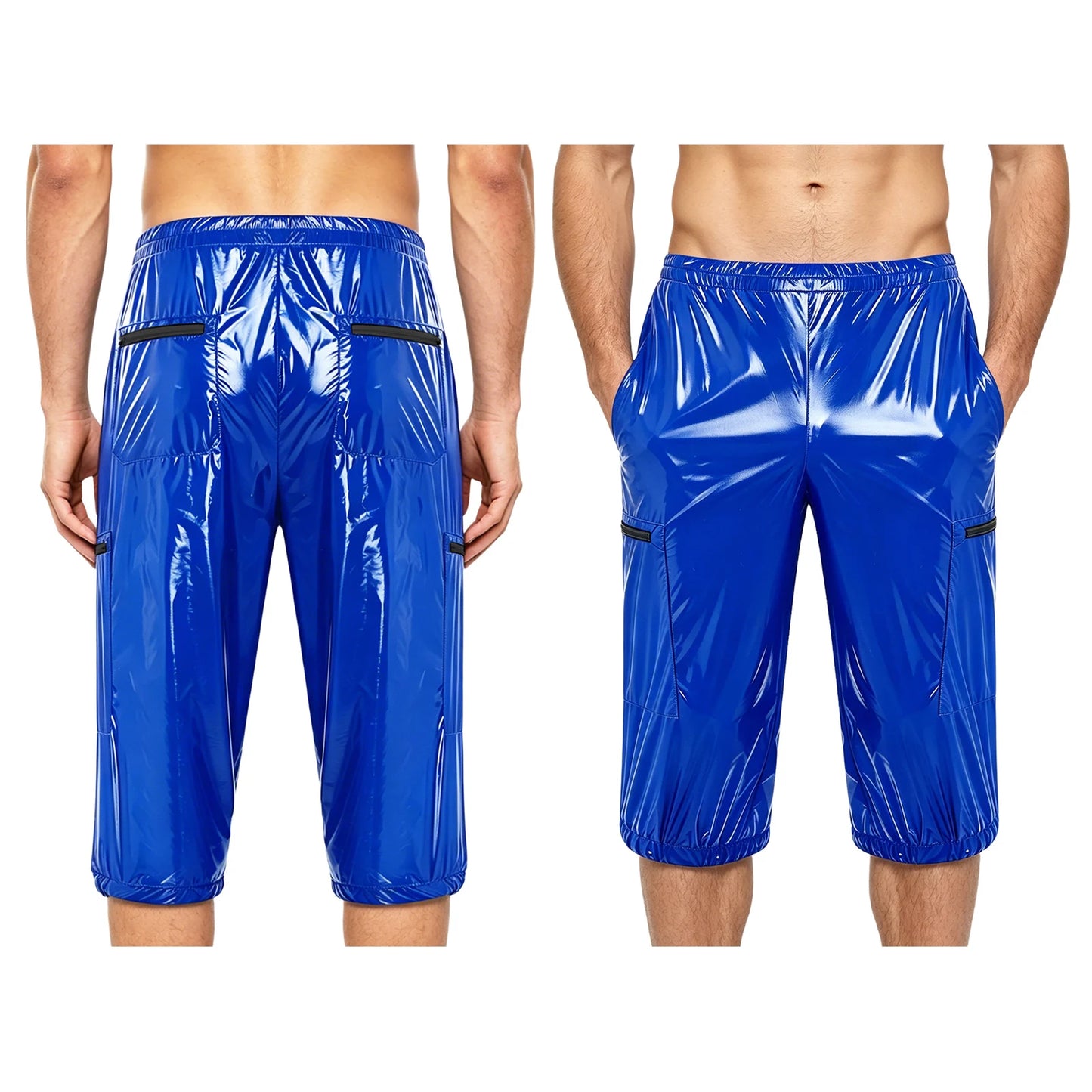 Men Oil Glossy Cargo Shorts Waterproof Elastic Waist Band Multi-pocket Zipper Overalls Capri Pants Dance Clubwear Beach Swimwear