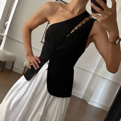 Cryptographic Elegant Asymmetrical Top with Hook and Eye Fashion Sexy Cut Out Backless Split Tops Slim Vest Summer Clothes