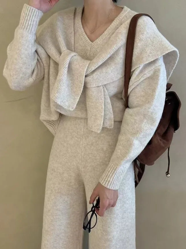 Loose V-neck Knitwear Women's Fashion Sweater Small Shoulder Drape Wide Leg Pants Autumn Three-piece Set Korean Style
