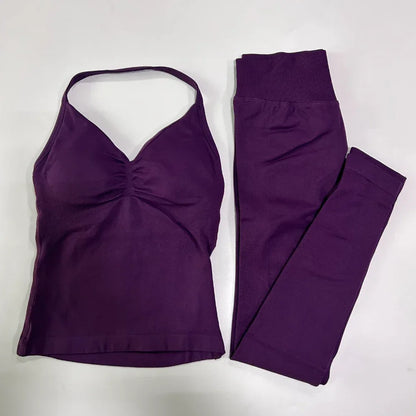 2 Pieces Sports Set Women Backless Tank Yoga Tops High Waist Scrunch Seamless Shorts Sport Gym Set Sportswear Workout Set