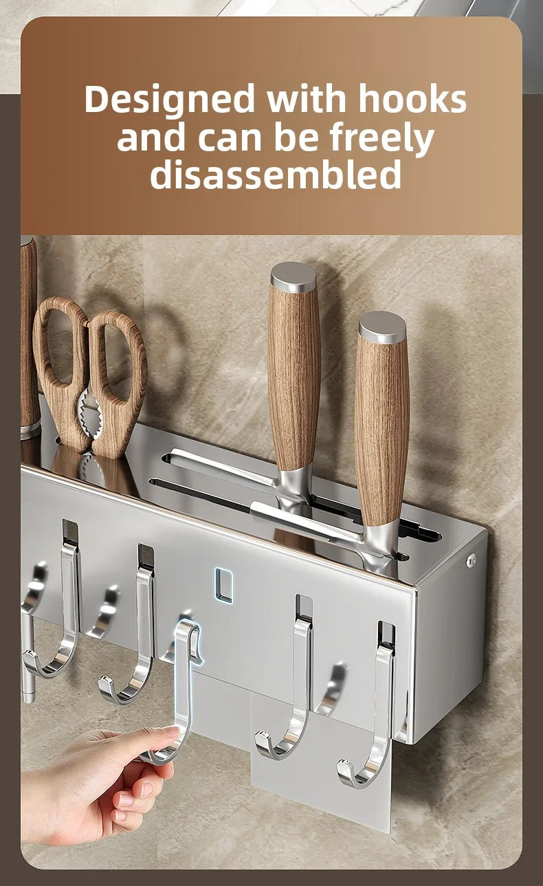 Stainless Steel Kitchen Knife Holder Wall Mounted No Drilling Multi-Function Chopsticks And Kitchen Knife Storage Rack