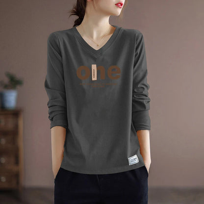 Pure Cotton Long Sleeve Women's T-shirt Autumn Season Versatile Base Layer Top Commute Style Loose Fit Regular Thickness