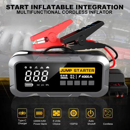 14000mAh Car Jump Starter&Tire Inflator 4 in 1 Battery Starter 12V Powerful Professional 4000A Auto Booster Splitter Universal