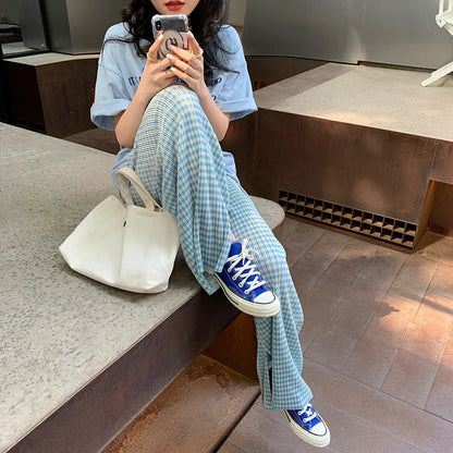 Summer Thin High Waist Casual Wide Leg Pants Women's Folded Texture Split Trousers Cool Korean Style Commute Polyester Cotton