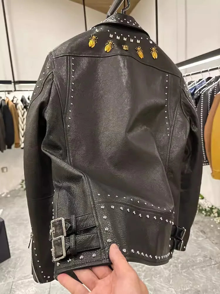 Luxury Mens Designer Rivets Genuine Leather Jacket Punk Style Coat Slim Fit Natural Leather Motorcycle Autumn Jacket Outerwear