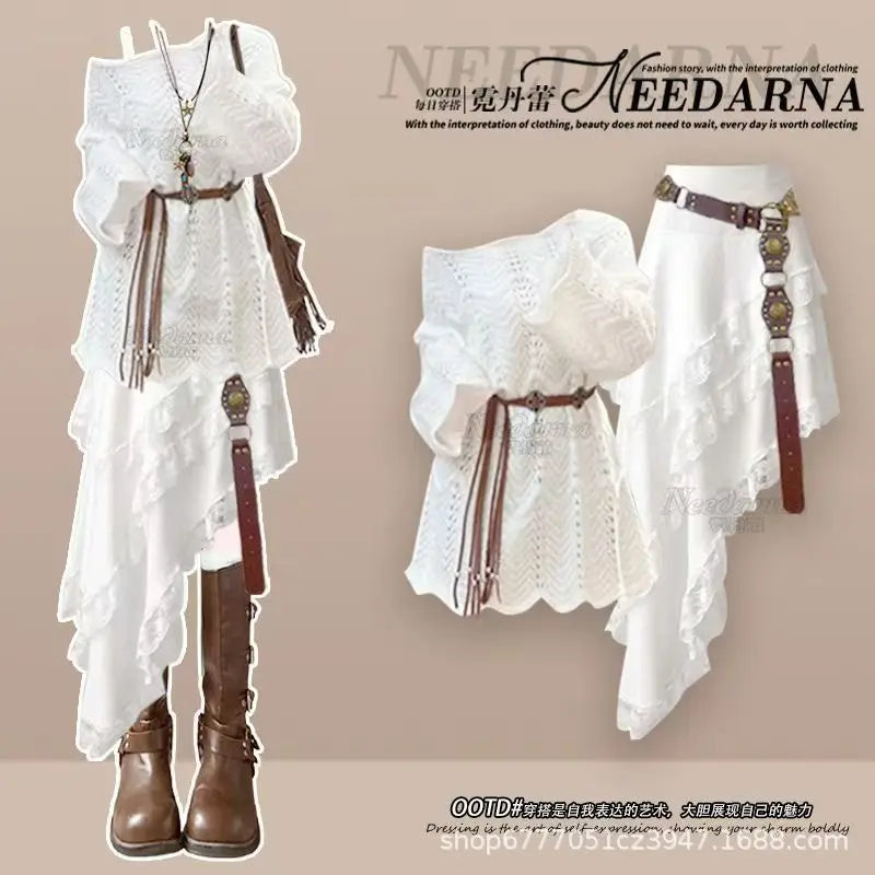 Spring and Autumn Fashion Casual Knitted Top+Bohemian White Dress Elegant Women's Two Piece Set
