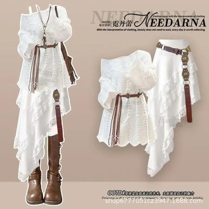 Spring and Autumn Fashion Casual Knitted Top+Bohemian White Dress Elegant Women's Two Piece Set