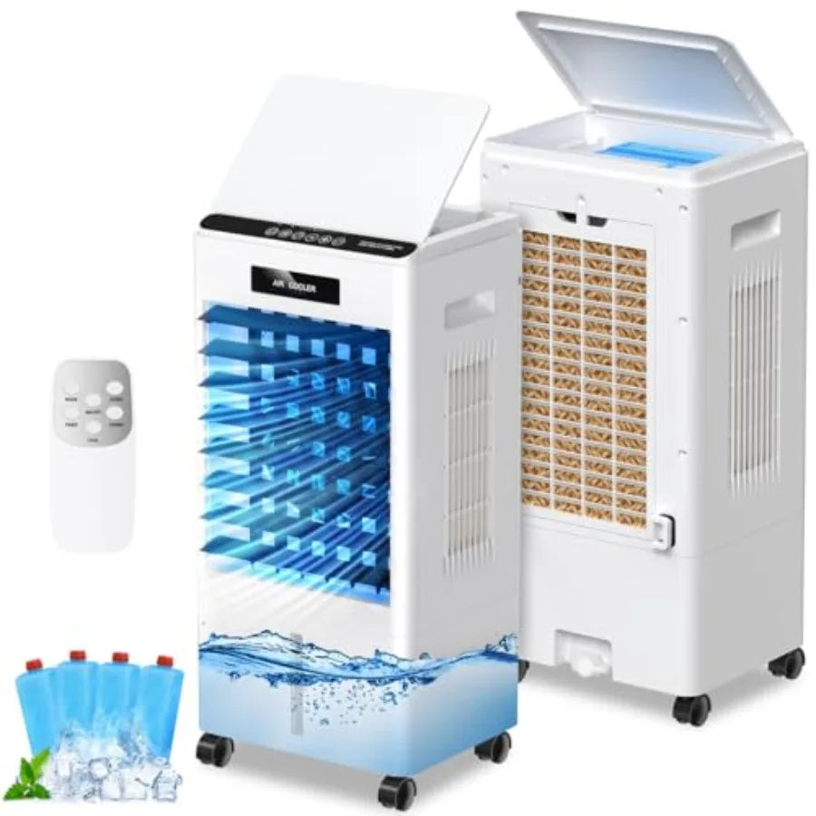 Portable air conditioner for home bedroom kitchen use, black plastic unit with 3-in-1 cooling fan, 3 modes 3-speed remote contr