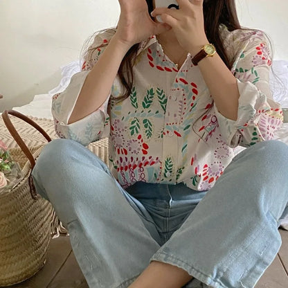 Chic Women's Shirt Vintage Gentle Loose Design Sensation Elegance Korean Style Long Sleeve  Collar Print Casual Fashion